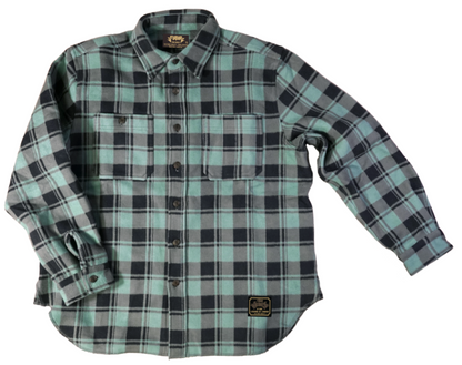 Plaid shirt with green and black pattern on a white background